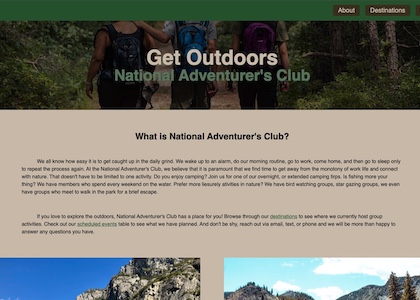Screenshot of adventure club website